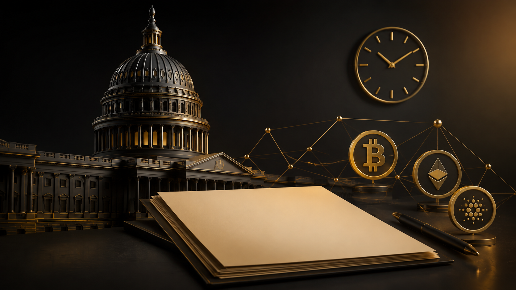 Capitólio dos EUA, símbolos de ativos digitais e um relógio que ilustram o calendário legislativo do CLARITY Act.