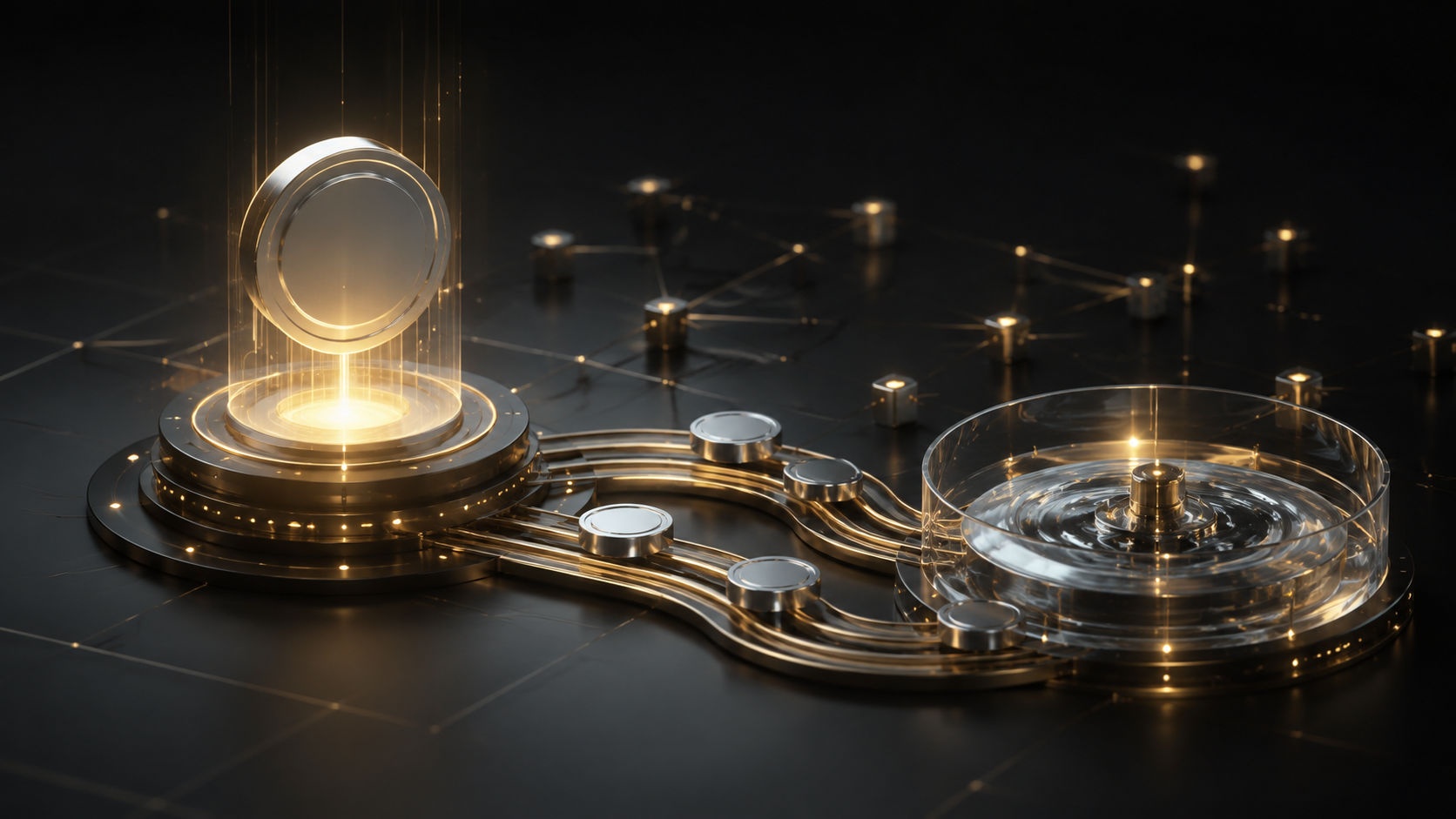 Ilustração conceitual da criação de tokens conectada a um pool de liquidez on-chain.