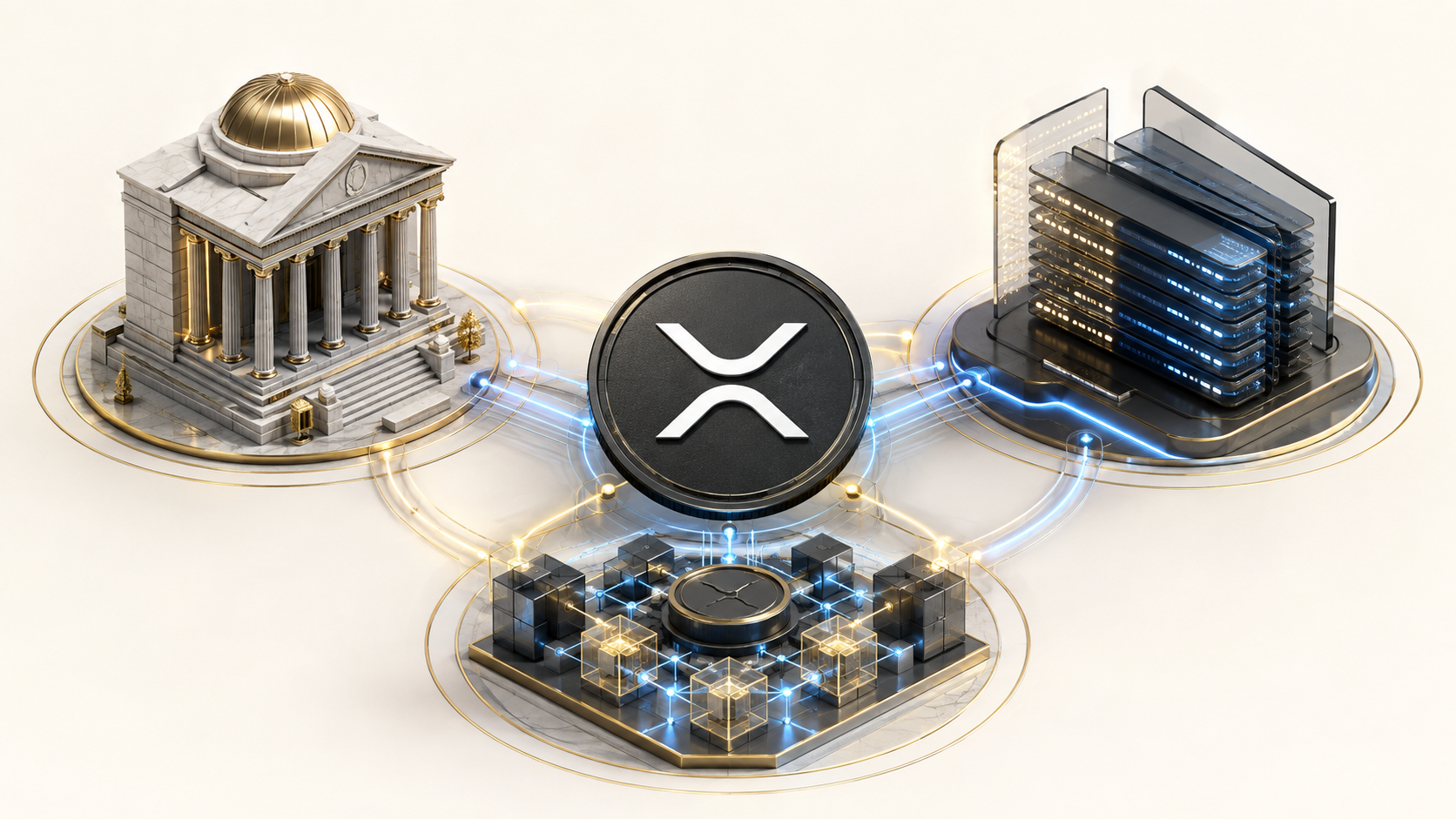 Концептуальная иллюстрация XRP, институциональных инвестиций, ликвидности и блокчейн-инфраструктуры