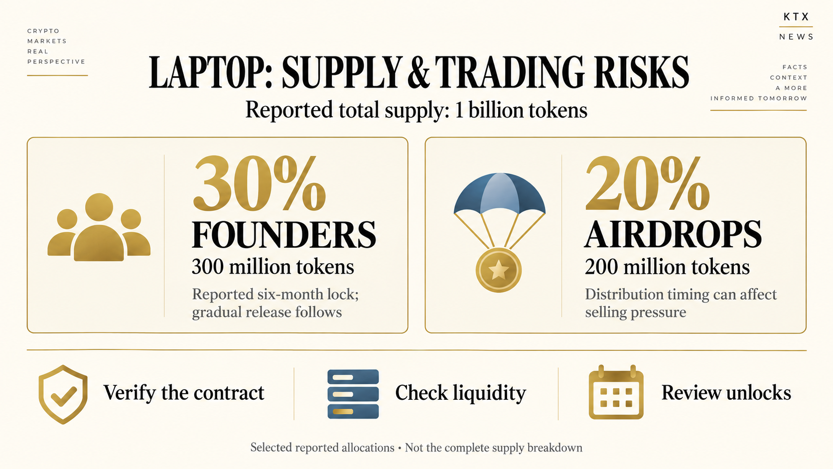 Selected reported LAPTOP token allocations: 30 percent for founders and 20 percent for airdrops, with contract, liquidity and unlock checks
