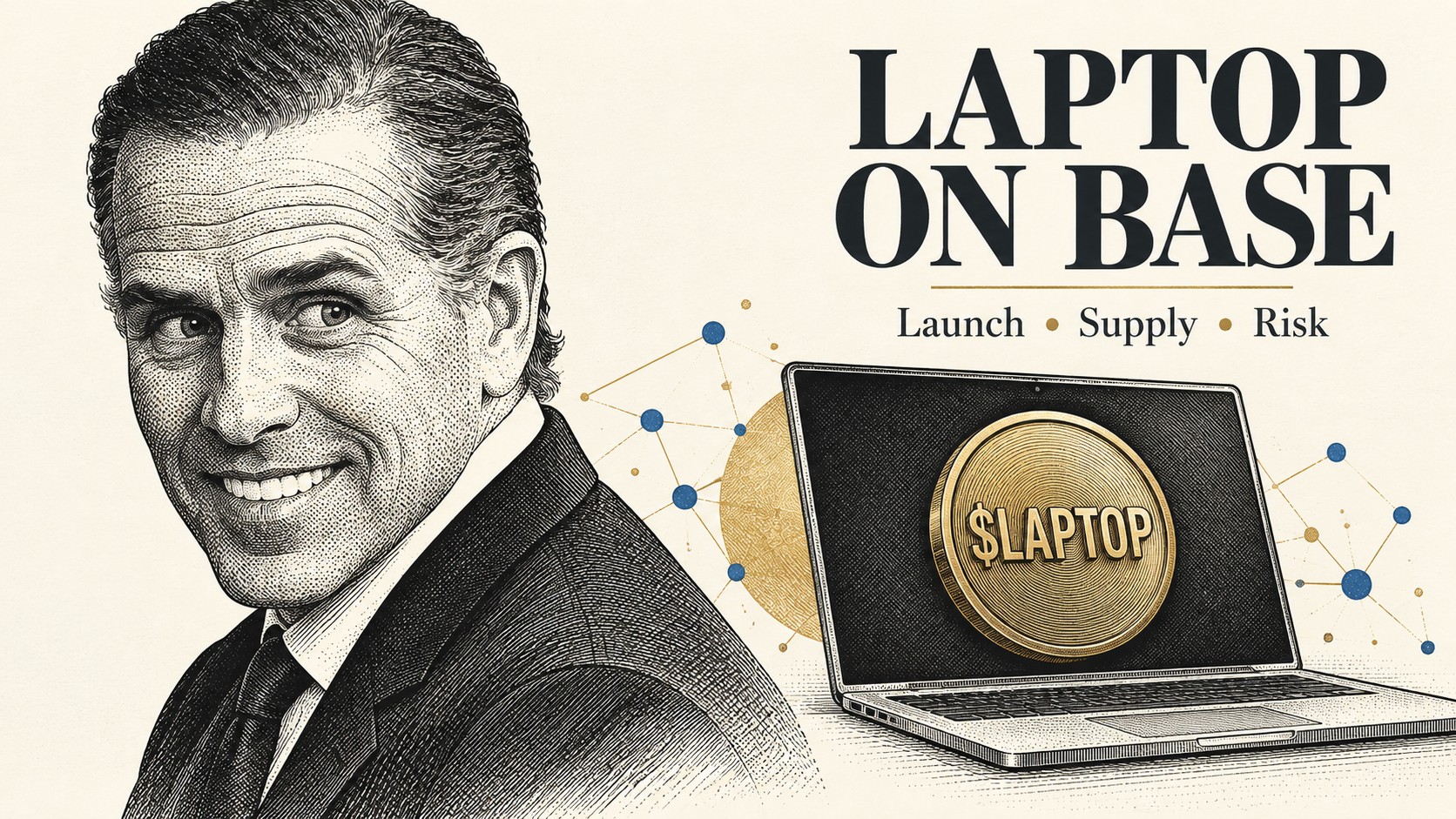 Editorial illustration of Hunter Biden beside a laptop representing the planned LAPTOP memecoin launch on Base