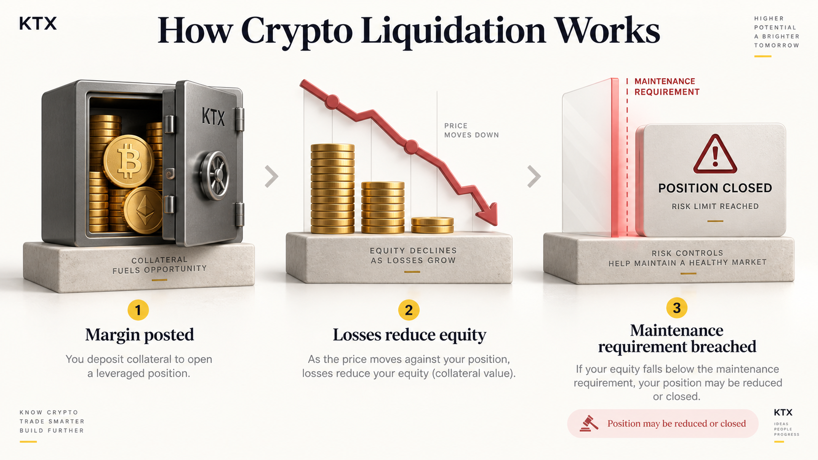 How crypto liquidation works: margin posted, losses reduce equity, and maintenance requirements are breached