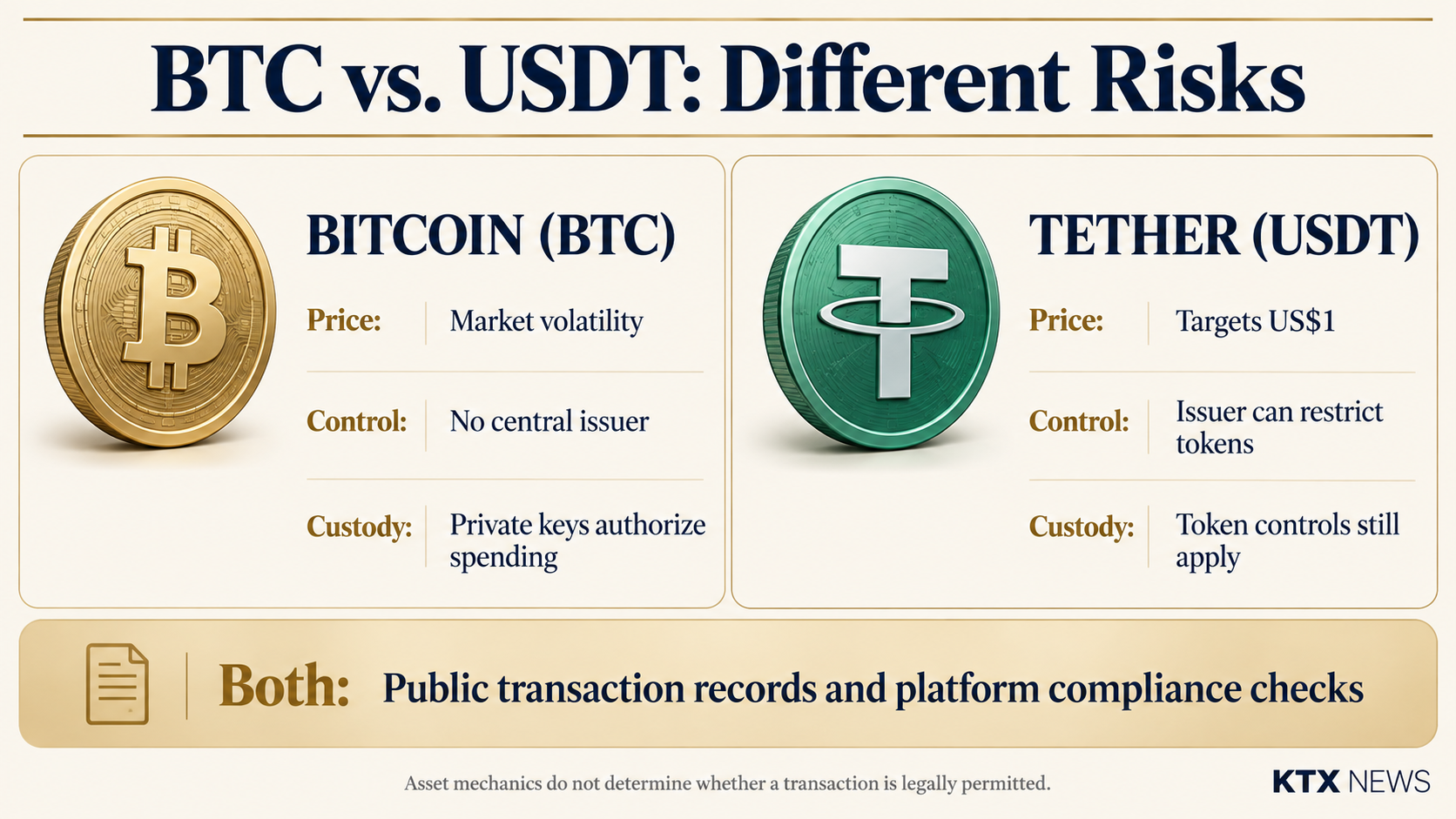 BTC versus USDT infographic comparing market volatility, central issuer controls, private-key custody, and public transaction records