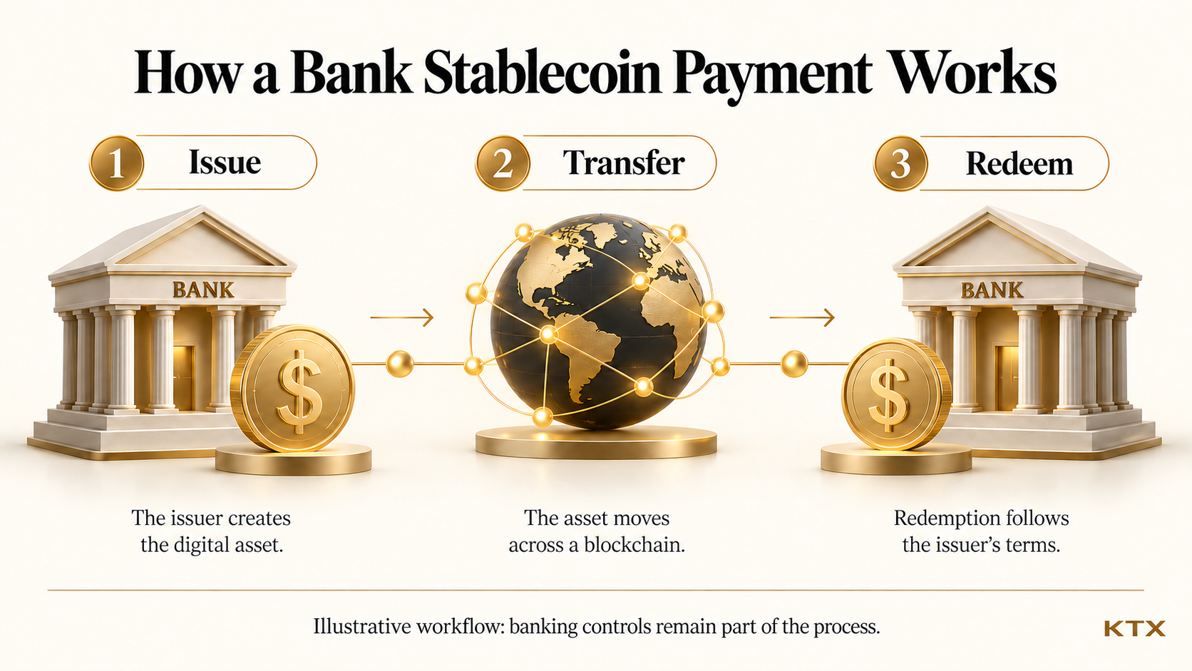 Illustrative bank stablecoin workflow showing issuance, transfer and redemption with banking controls