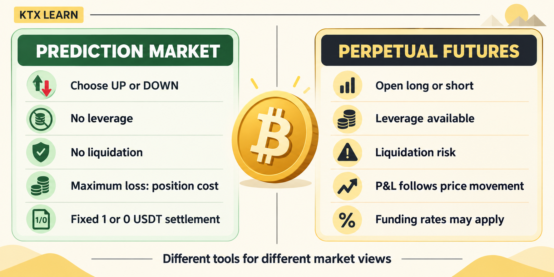 Comparison of crypto prediction markets and perpetual futures including leverage liquidation and settlement