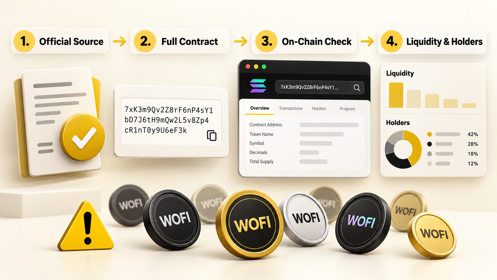 Four-step process for checking an official source, full contract, on-chain data, liquidity, and WOFI holders