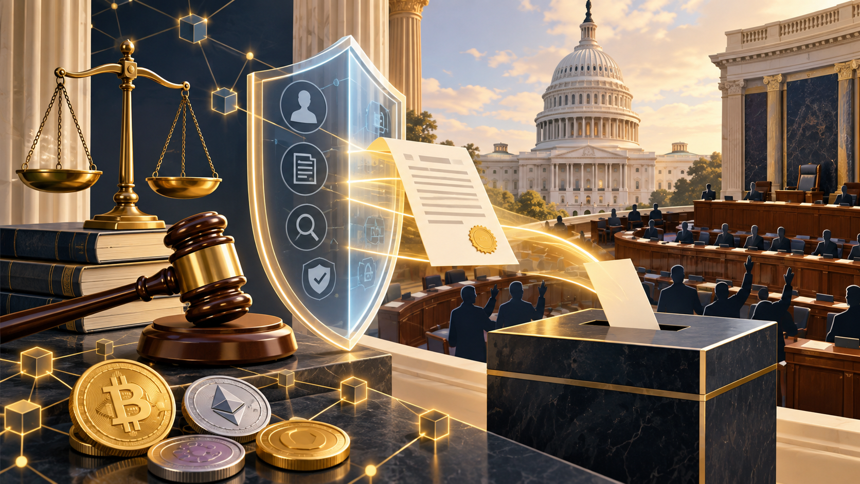 Editorial illustration of crypto ethics safeguards guiding legislation toward a U.S. Senate vote