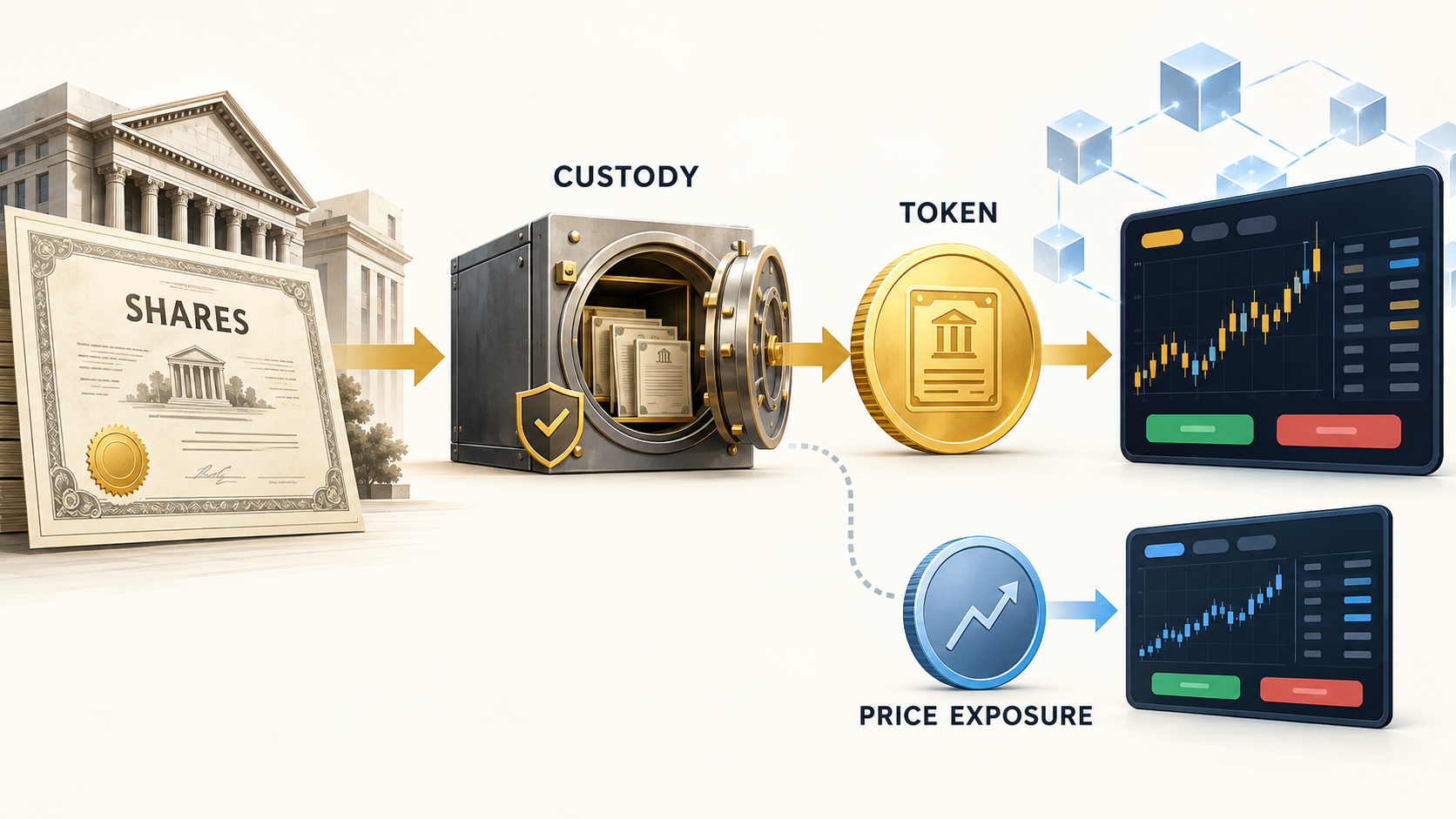 Illustration of shares, custody, stock tokens, and a separate price-exposure path