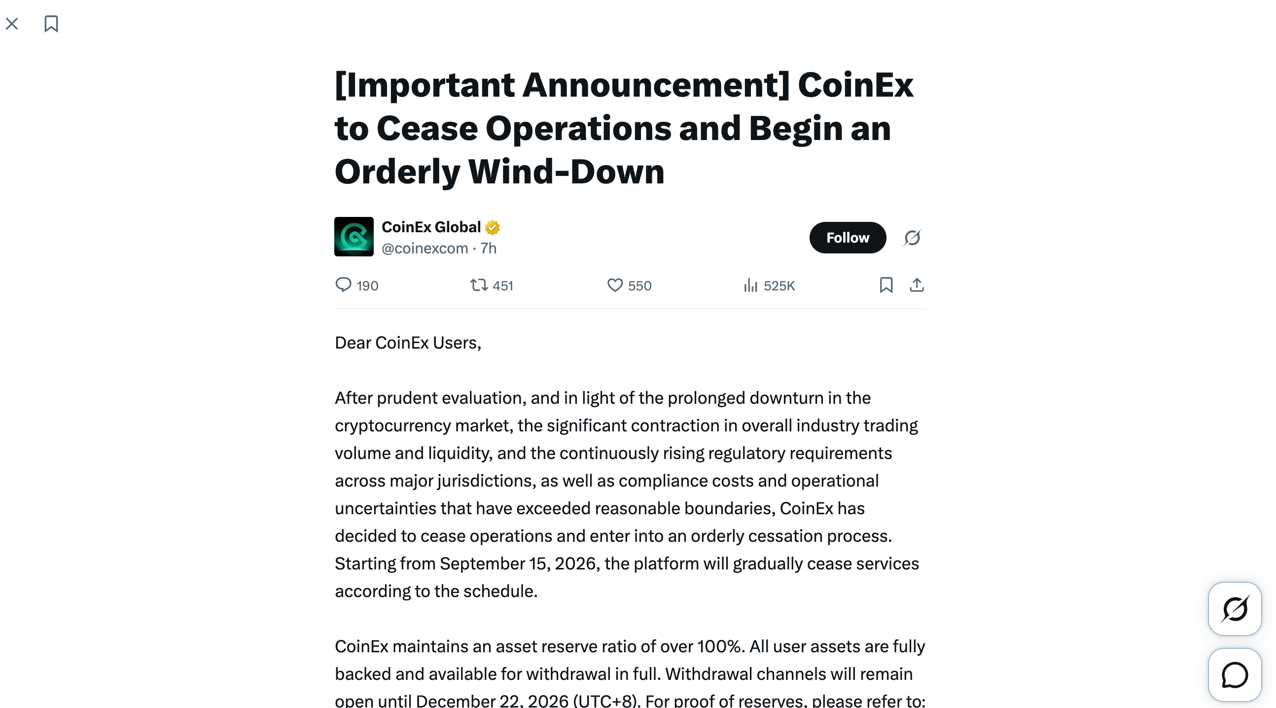 Screenshot of CoinEx Global's public announcement on X saying its exchange will cease operations and begin an orderly wind-down.