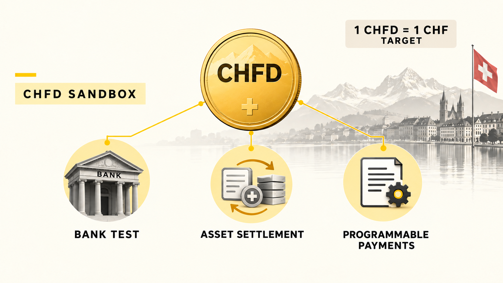 CHFD Swiss franc stablecoin sandbox illustration showing bank testing, asset settlement, and programmable payments; the one-to-one peg is a target.