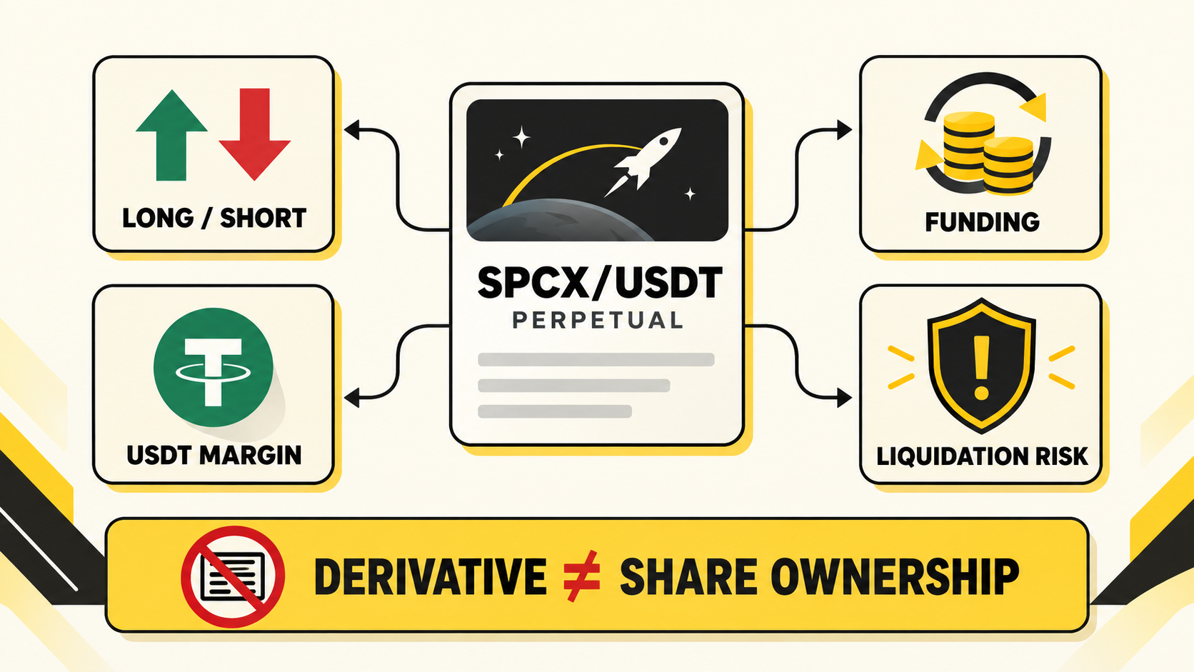 SPCX/USDT 永续合约示意图：做多做空、USDT 保证金、资金费用、强平风险，以及不拥有股票。