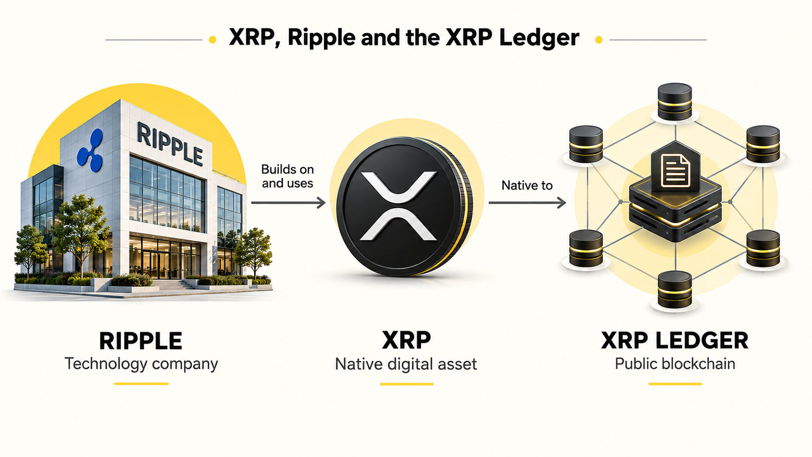 区分 Ripple 公司、XRP 数字资产和 XRP Ledger 公共区块链的关系图。