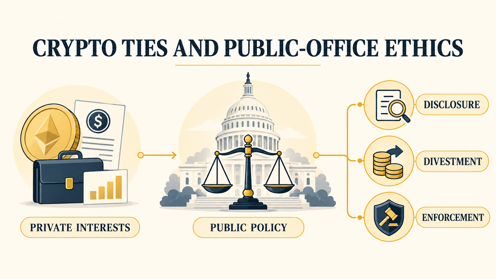 Infographic showing how private crypto interests intersect with public policy, disclosure, divestment, and enforcement