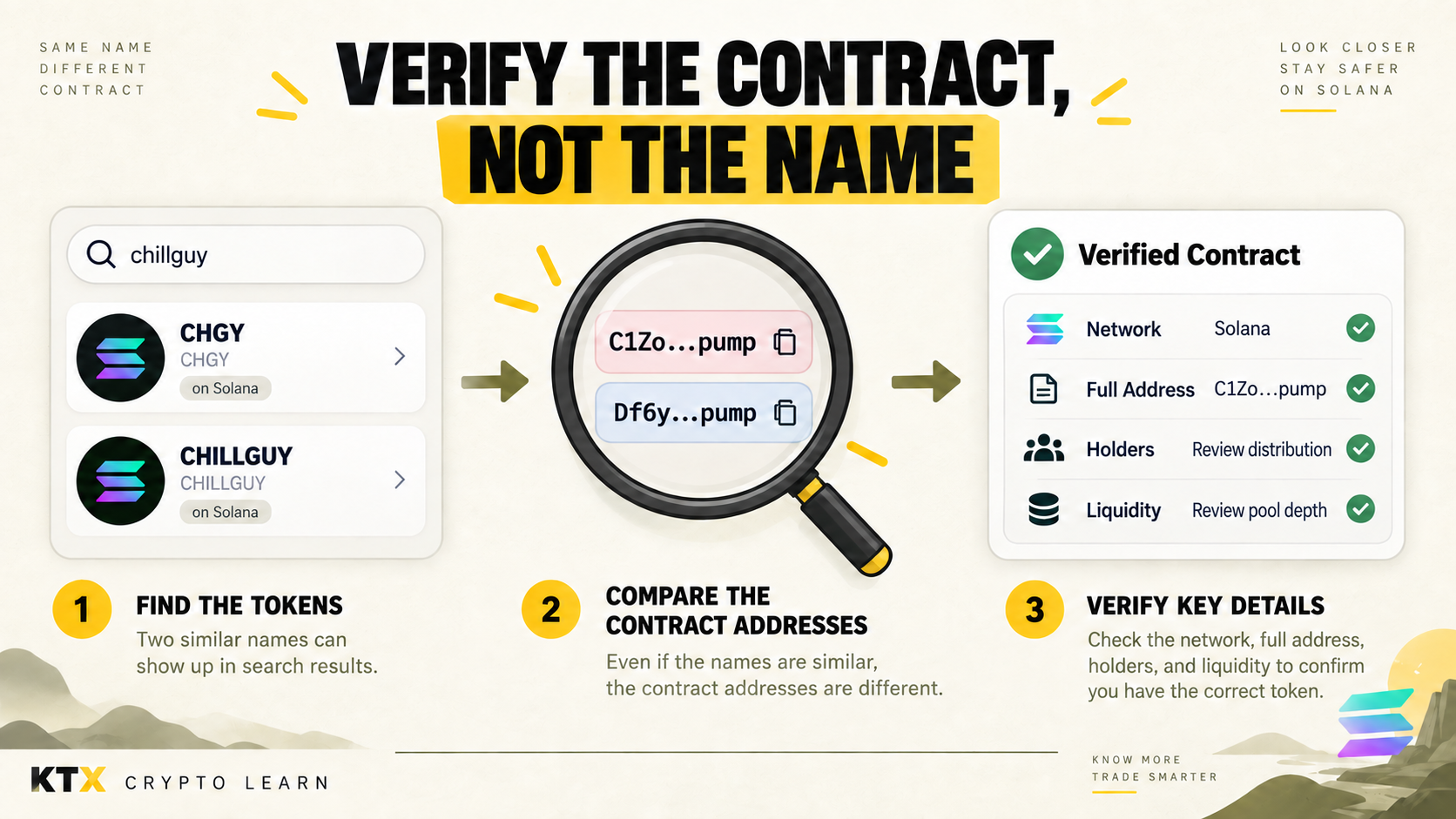 KTX Crypto Learn infographic showing how to compare CHGY and CHILLGUY contract addresses, network, holders, and liquidity.