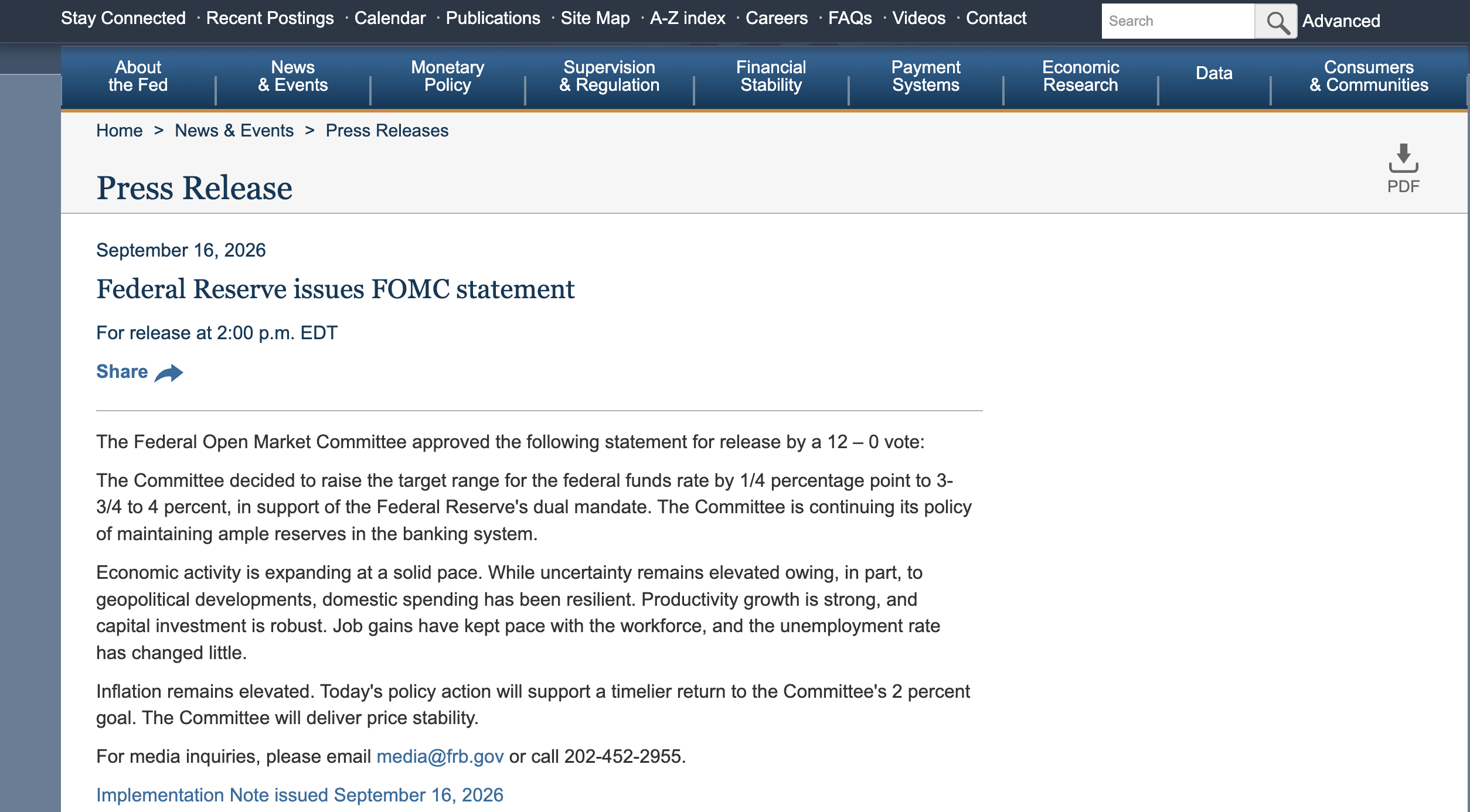 Federal Reserve FOMC statement dated September 16, 2026