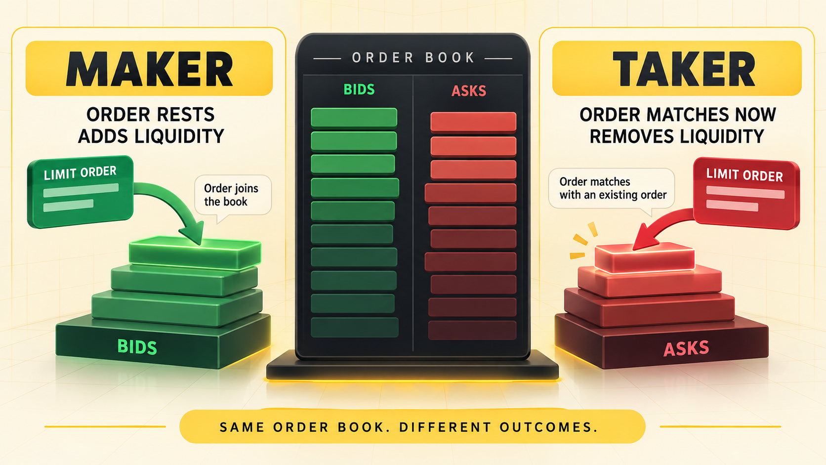 Diagram showing a resting maker order adding liquidity and a taker order matching existing liquidity.