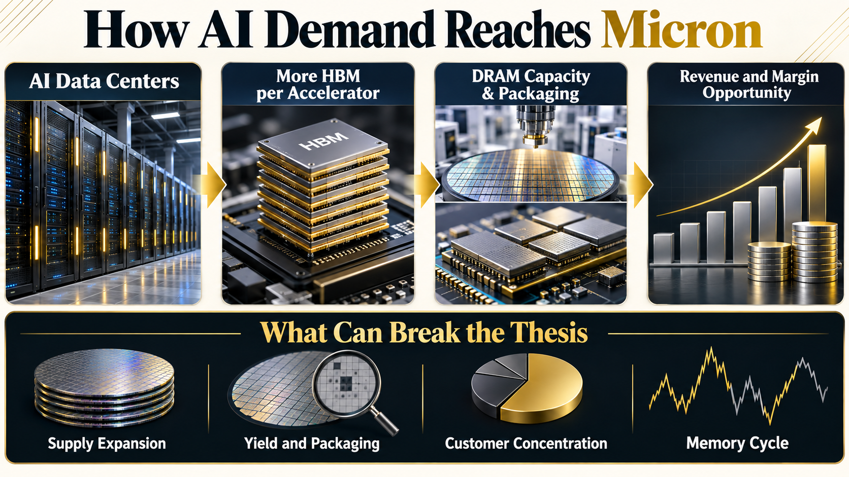 Infographic explaining how AI data-center demand can lead to more HBM per accelerator, pressure DRAM capacity and packaging, and create a potential Micron revenue and margin opportunity, with key risks.