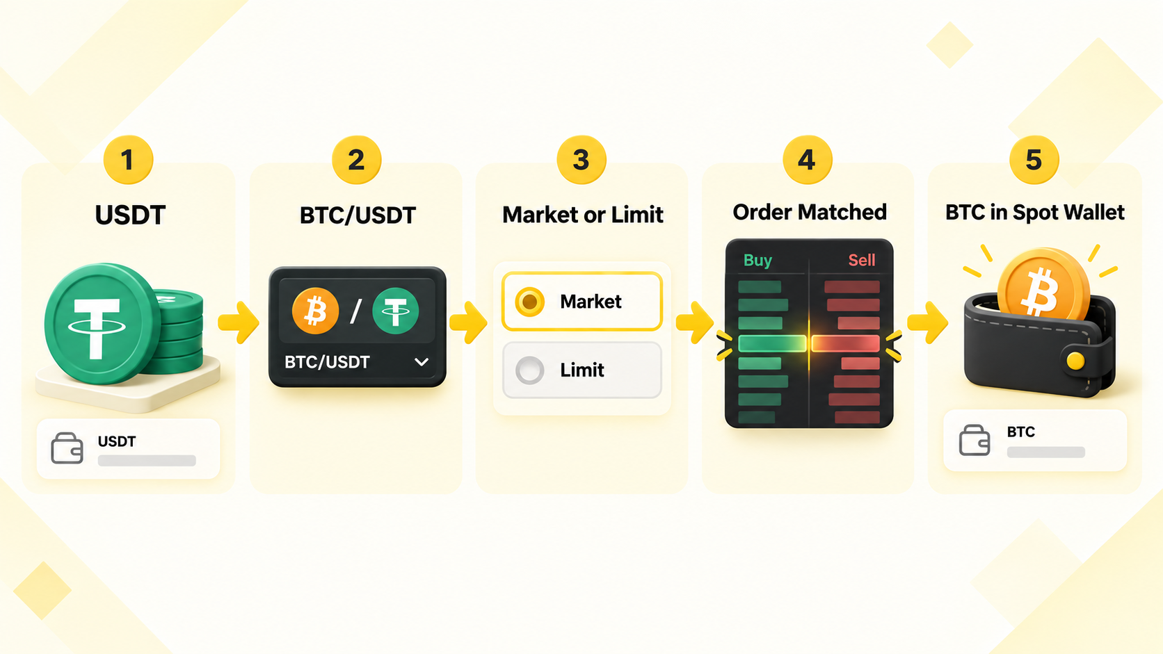 Five-step infographic showing USDT converted into BTC through a BTC/USDT spot order.