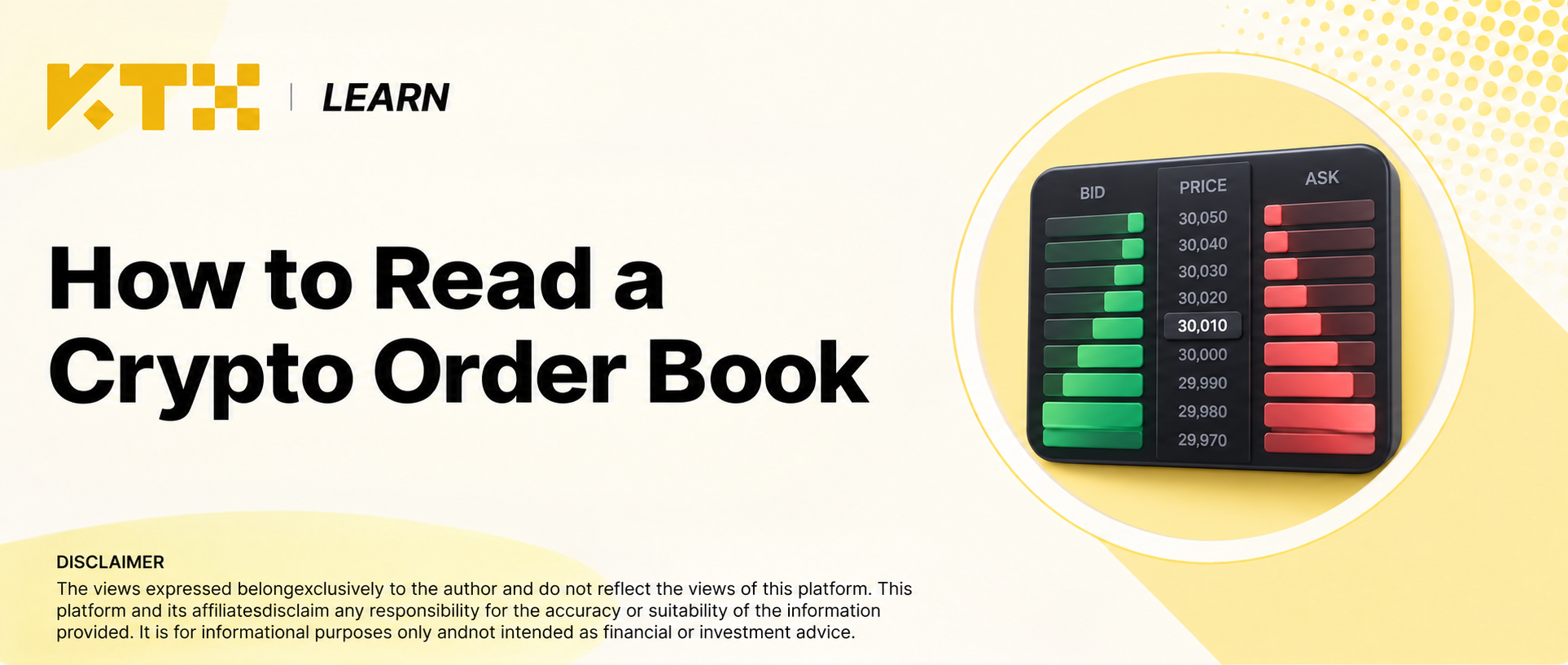 KTX Learn cover explaining how to read a crypto order book.
