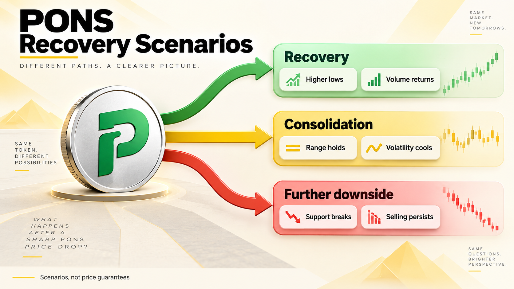 Three PONS price scenarios showing recovery consolidation and further downside