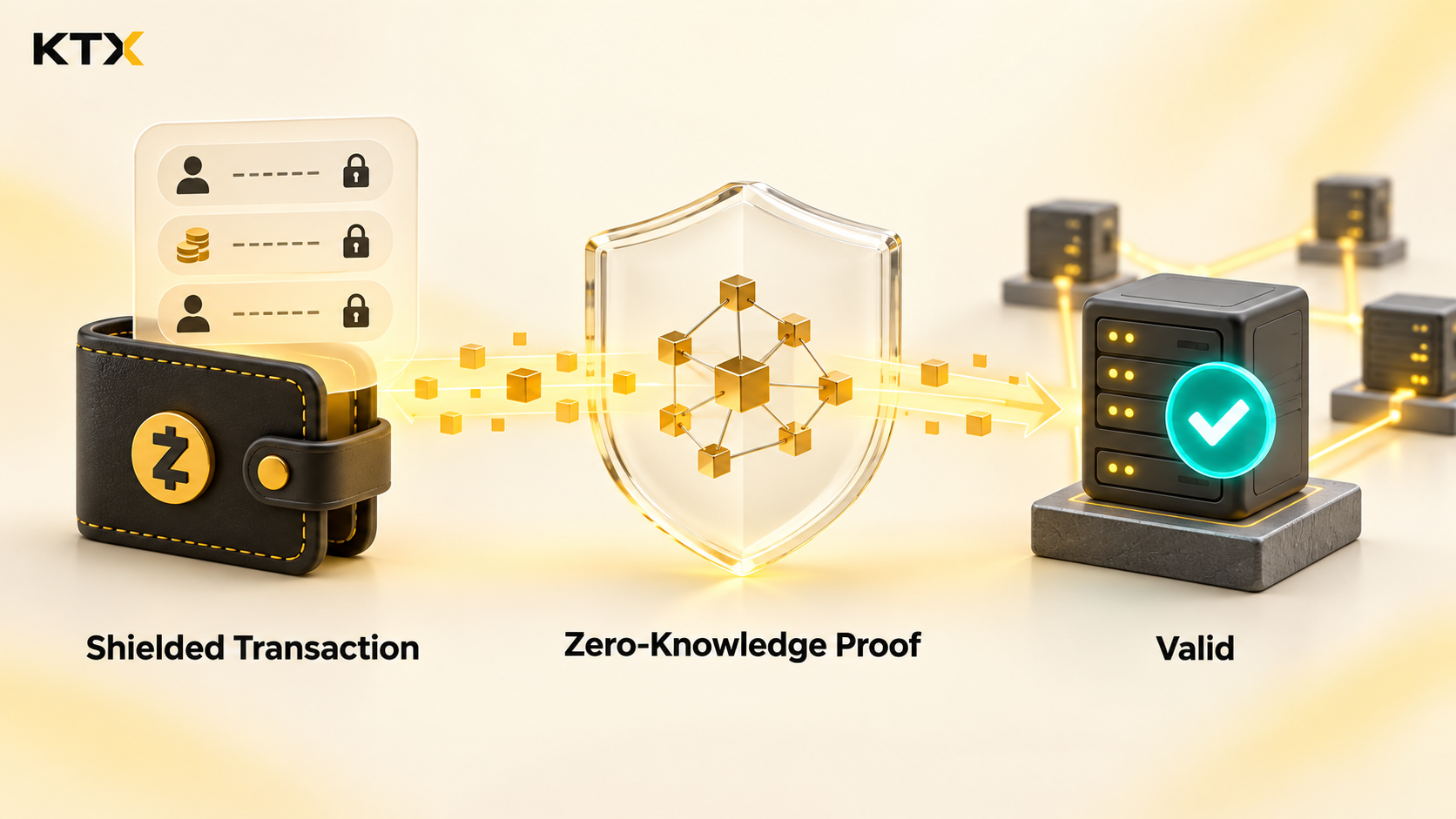 Diagram showing a shielded Zcash transaction validated by a zero-knowledge proof.