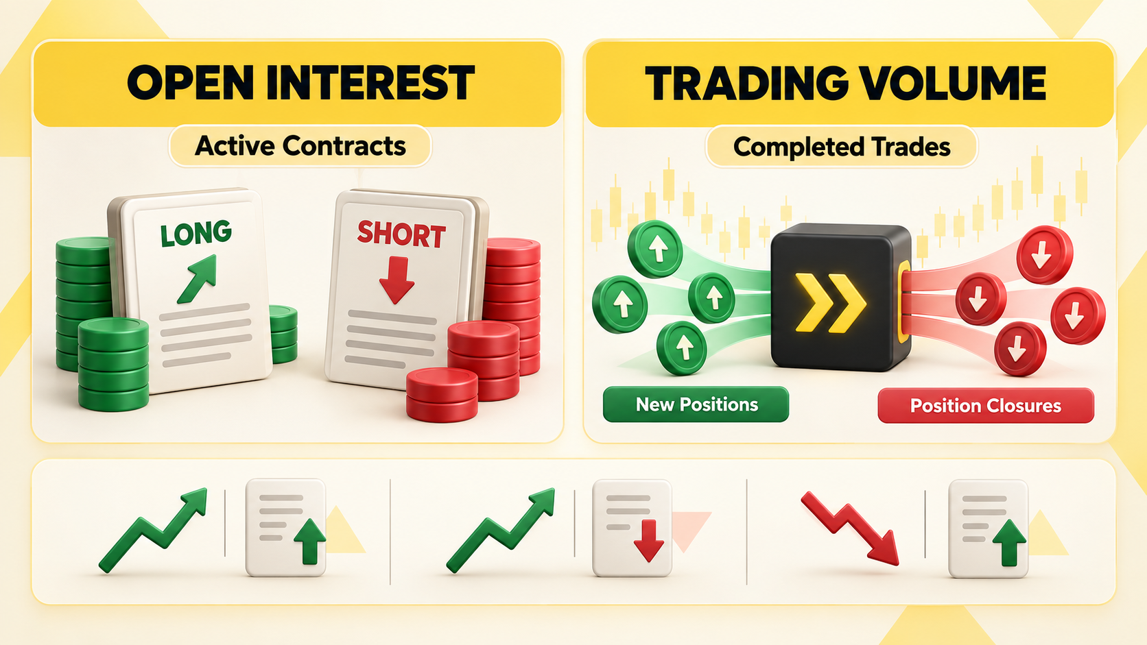 Open interest measures active contracts while trading volume measures completed trades