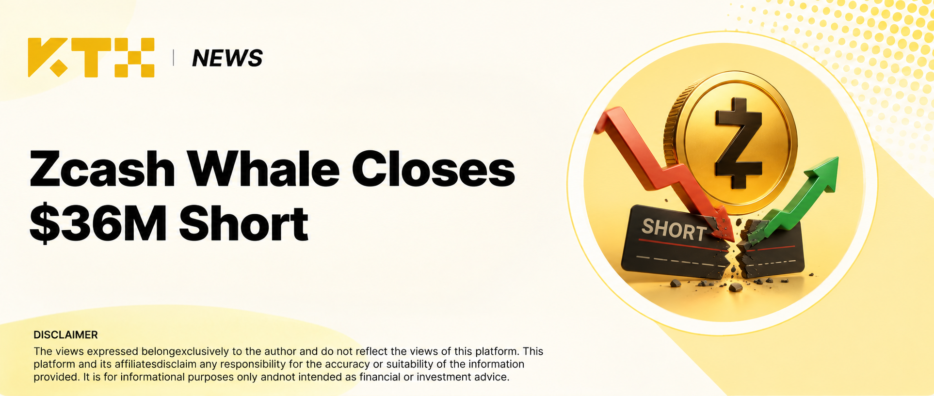 KTX News cover about a Zcash whale closing a large short at a 36 million dollar loss