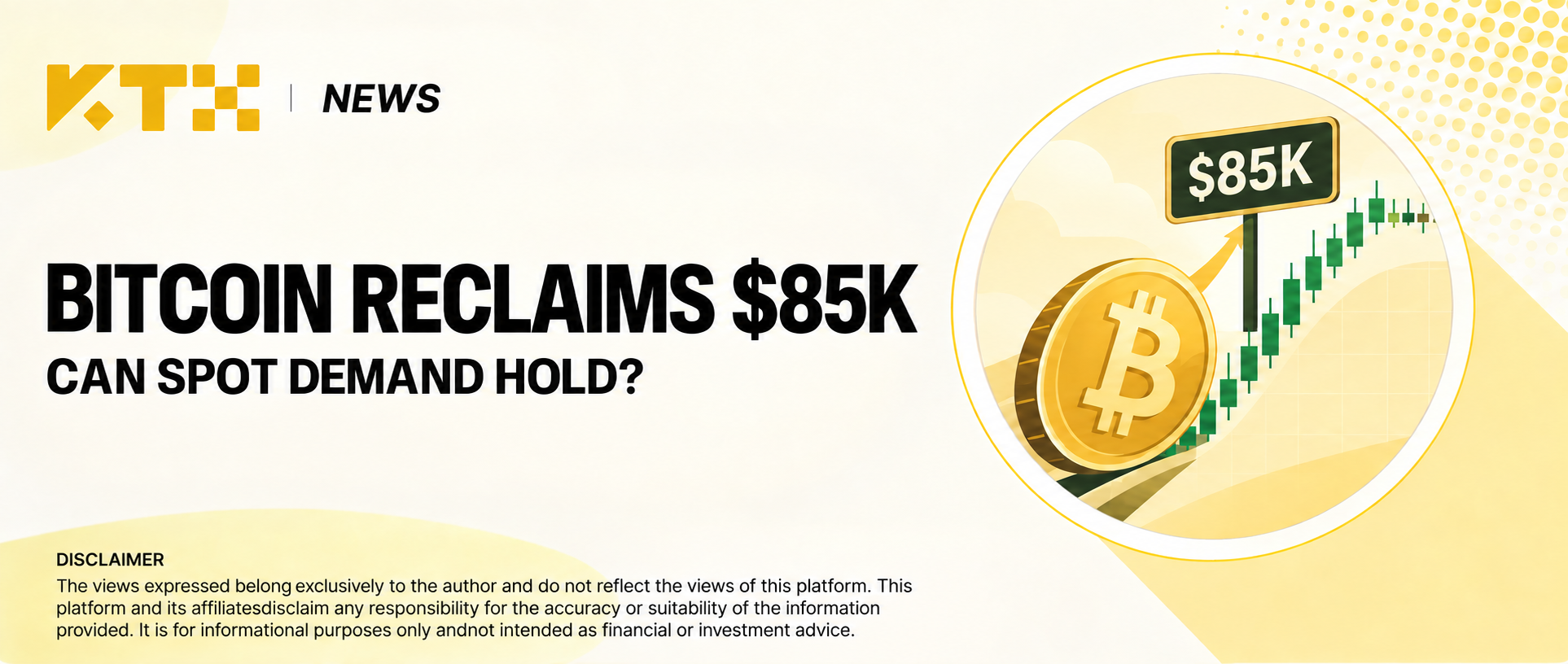 KTX News cover showing Bitcoin reclaiming 85000 dollars and facing a spot demand test