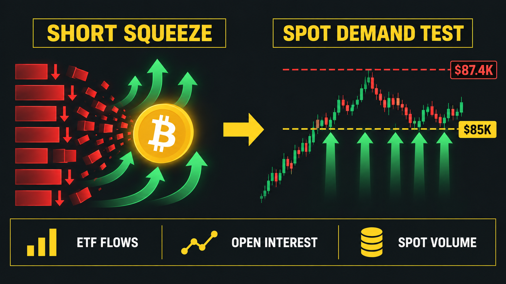 Infographic comparing the Bitcoin short squeeze with the spot demand test around 85000 dollars