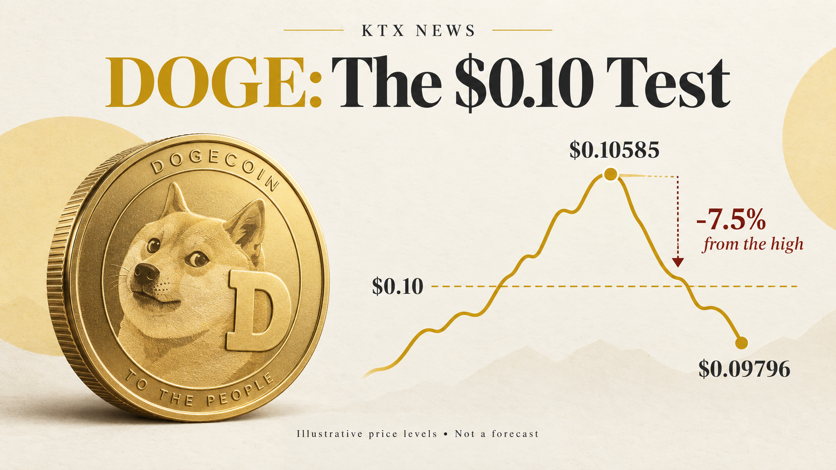DOGE price-level illustration: $0.10585 high, $0.10 threshold and $0.09796 later quote, about 7.5% below the high