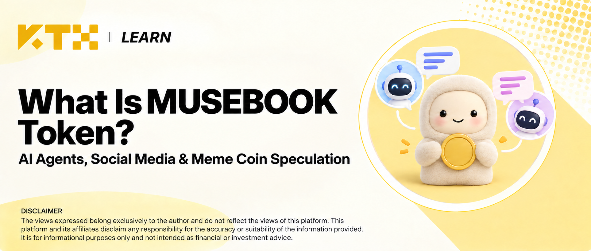MUSEBOOK educational illustration with a friendly mascot, AI avatars, social conversations and a plain token disc.