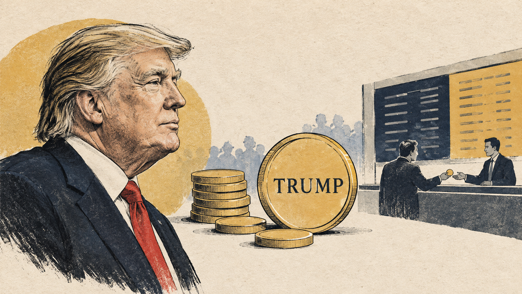 Editorial drawing of Donald Trump, TRUMP tokens and a trading market, illustrating the relationship between personal branding and token trading.