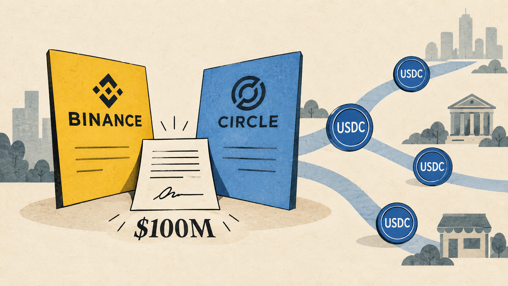 Editorial illustration of Binance and Circle's equity agreement and USDC distribution routes