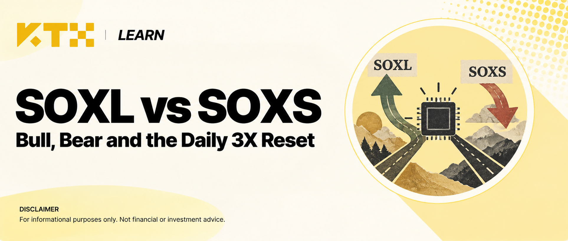 KTX Learn illustration comparing SOXL and SOXS with a semiconductor chip and upward and downward arrows.