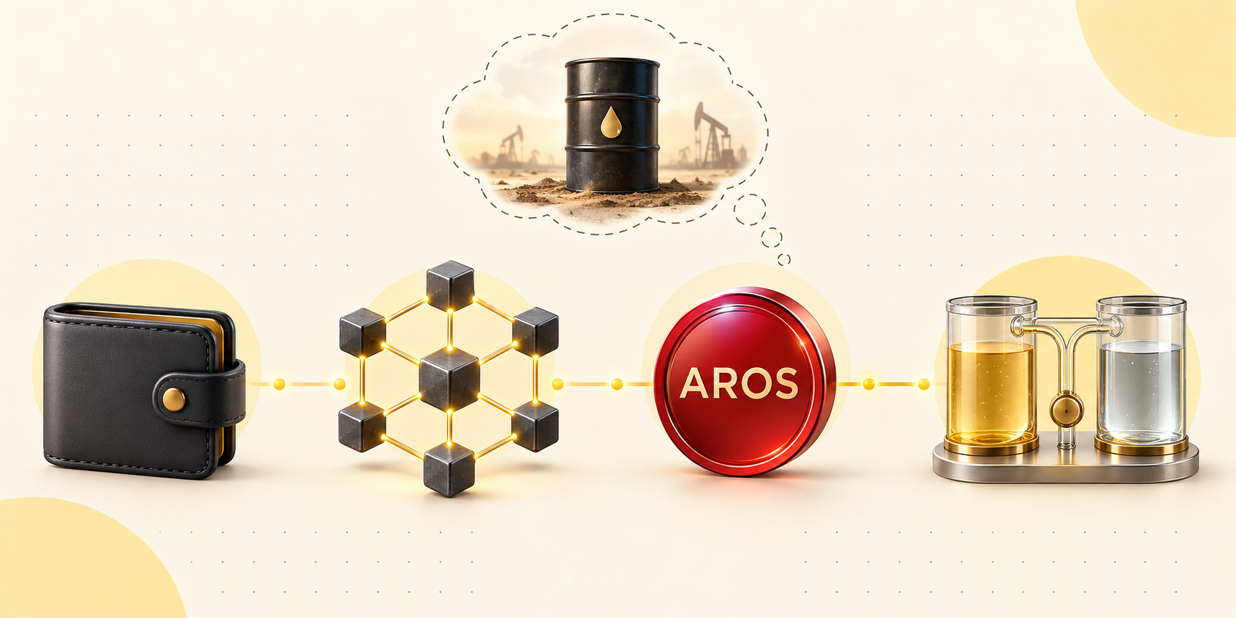 Editorial diagram showing a wallet, blockchain network, AROS token and liquidity pool, with the oil theme presented separately from the onchain investment structure.