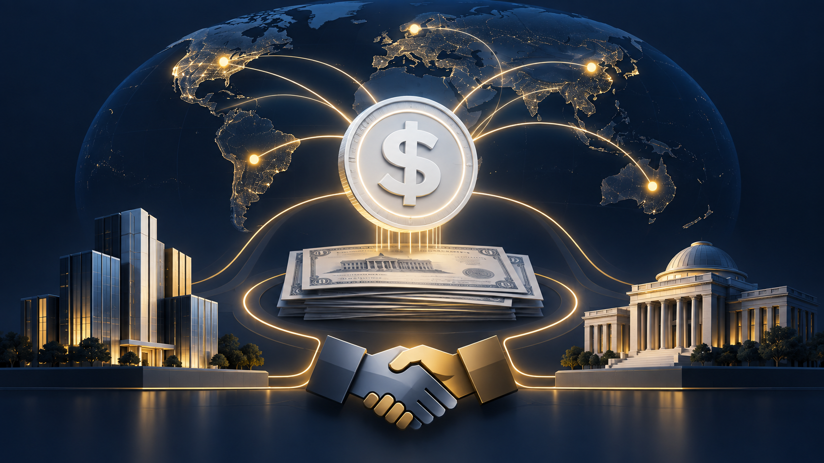 Editorial illustration of global dollar stablecoin payment routes supported by Treasury reserves and public-private partnerships