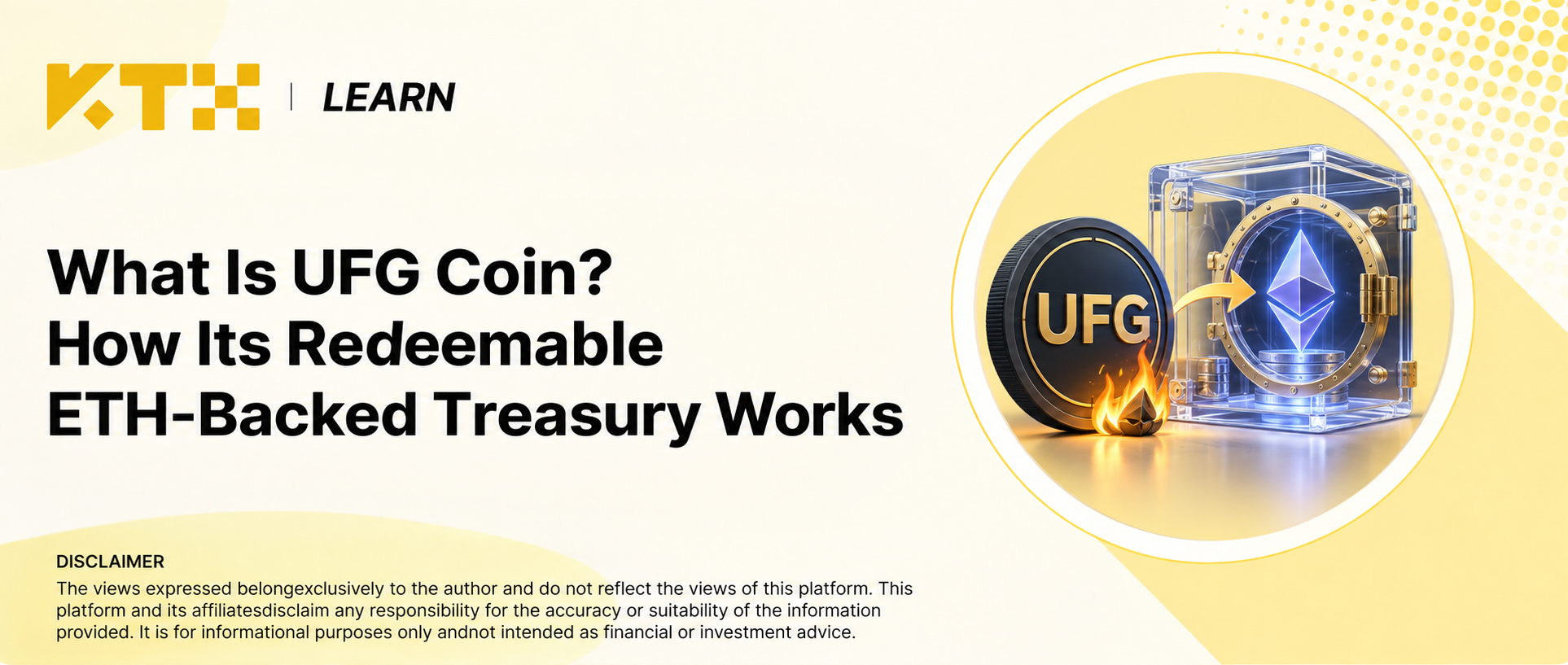 KTX Learn UFG 币种介绍封面，展示 UFG 代币、链上金库与以太坊储备。