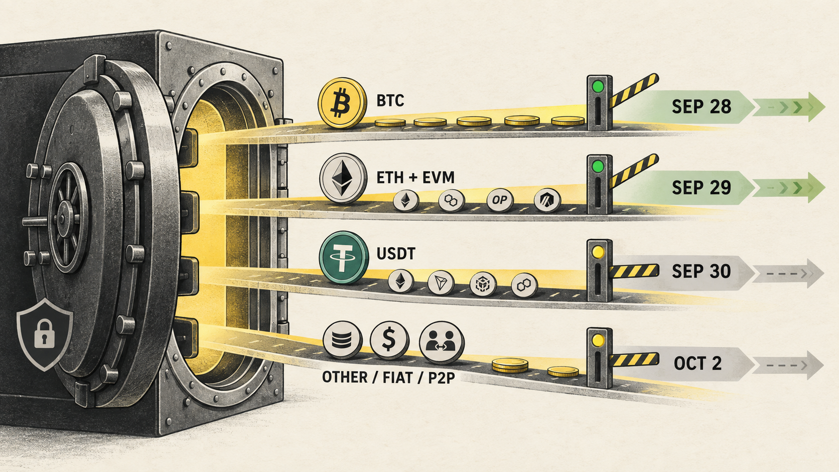Four-stage Bitget withdrawal timetable for BTC, ETH and EVM networks, USDT networks, and remaining services
