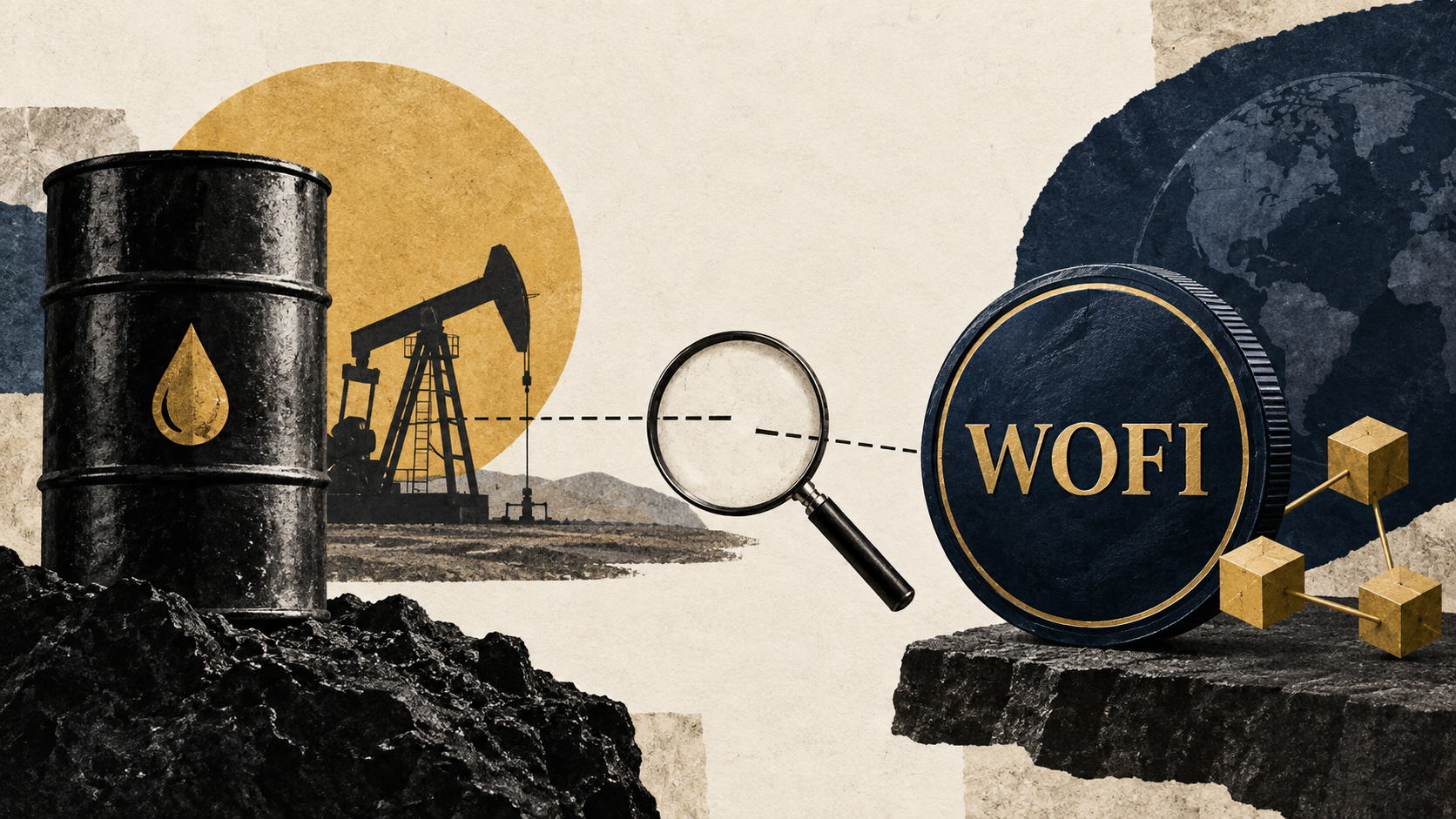 Editorial illustration of oil infrastructure, a magnifying glass and a WOFI token connected by a dotted line