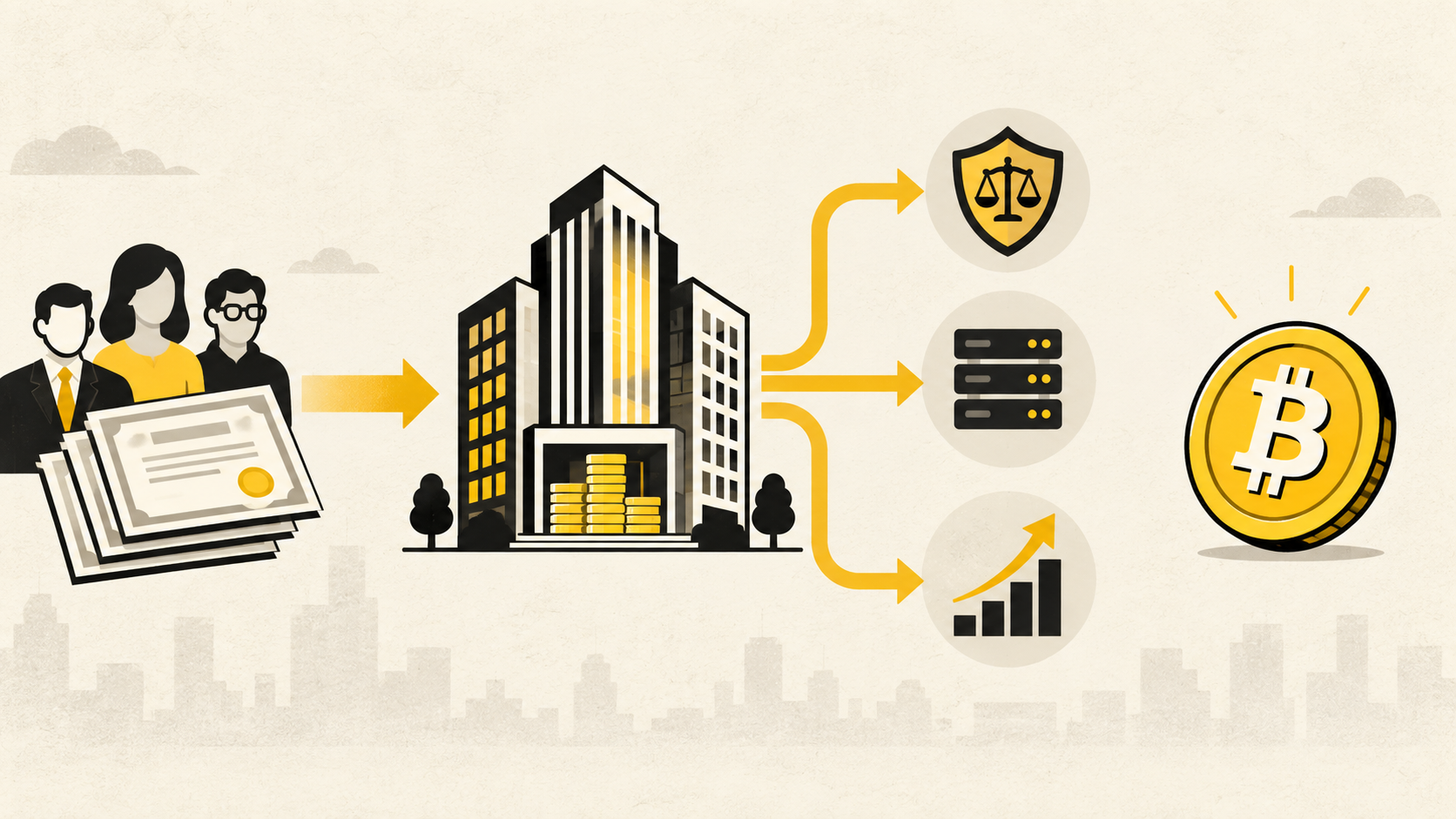 Editorial illustration showing IPO capital entering a company and funding compliance, technology and product expansion while Bitcoin remains a separate asset