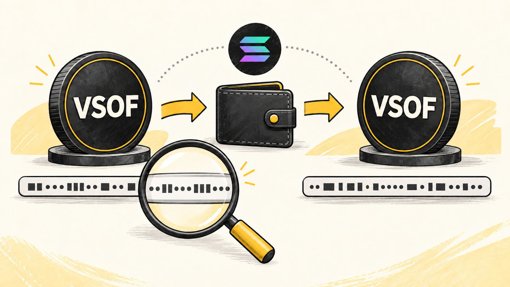 Editorial illustration showing two VSOF tokens with different abstract mint-address patterns, emphasizing that traders should verify the full Solana address before swapping.