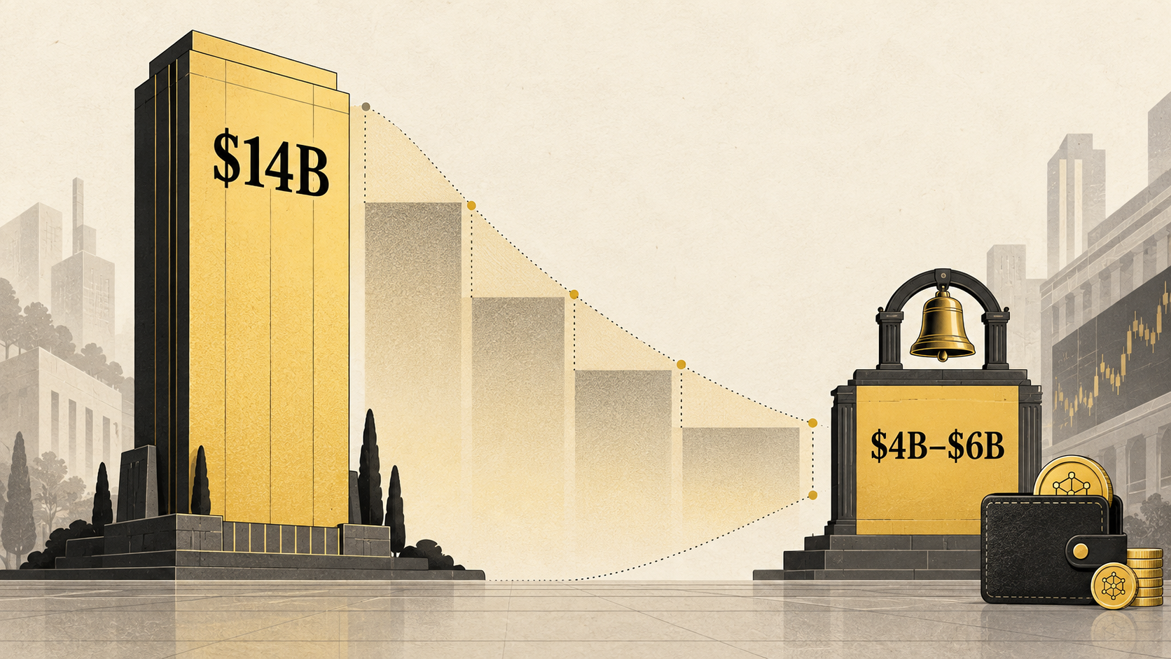 Editorial illustration comparing Blockchain.com's reported $14 billion private valuation with the proposed $4 billion to $6 billion IPO range