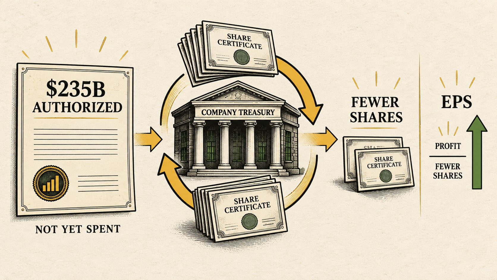 Illustration showing that a 235 billion dollar authorization is not yet spent, while completed repurchases can reduce share count and lift earnings per share if profit is unchanged