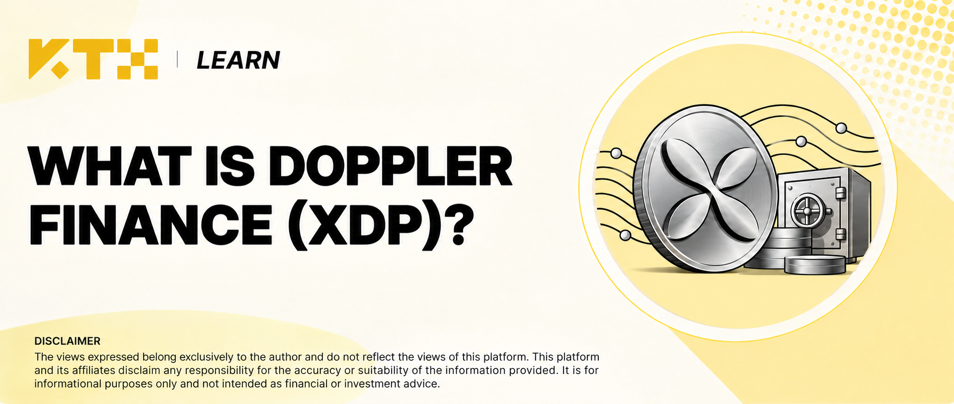 KTX Learn cover illustration for Doppler Finance XDP with a silver token, XRP-inspired network lines and a vault