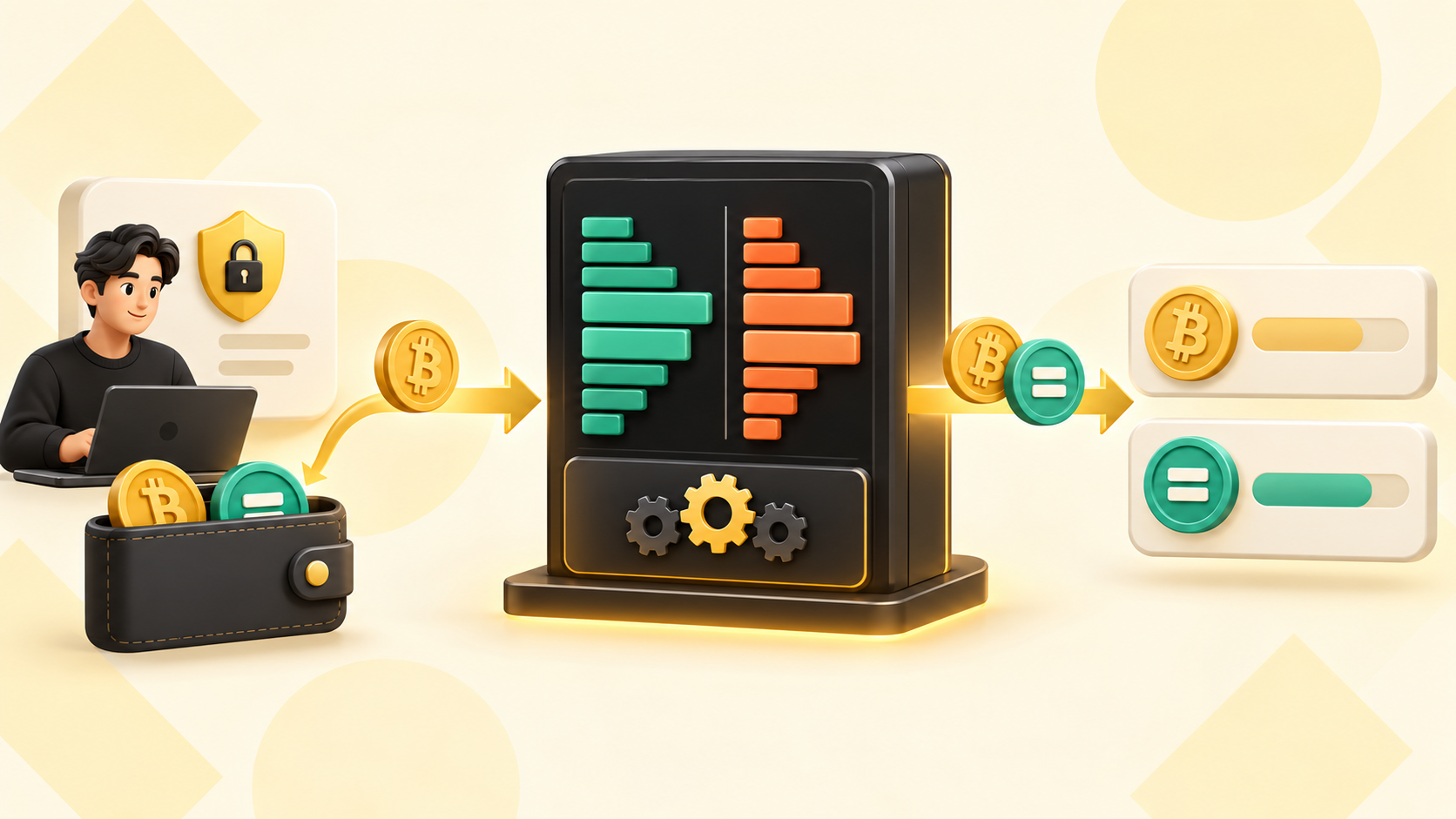 Illustration showing a trader funding an account, sending an order to an exchange matching engine and receiving updated crypto balances