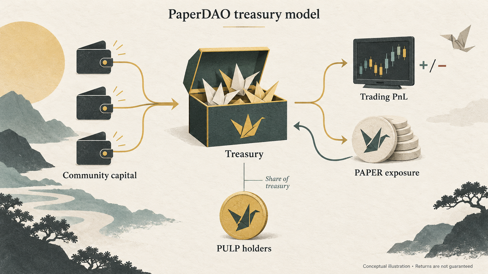 PaperDAO conceptual treasury model connecting community capital, trading profit or loss, PAPER exposure and PULP holders