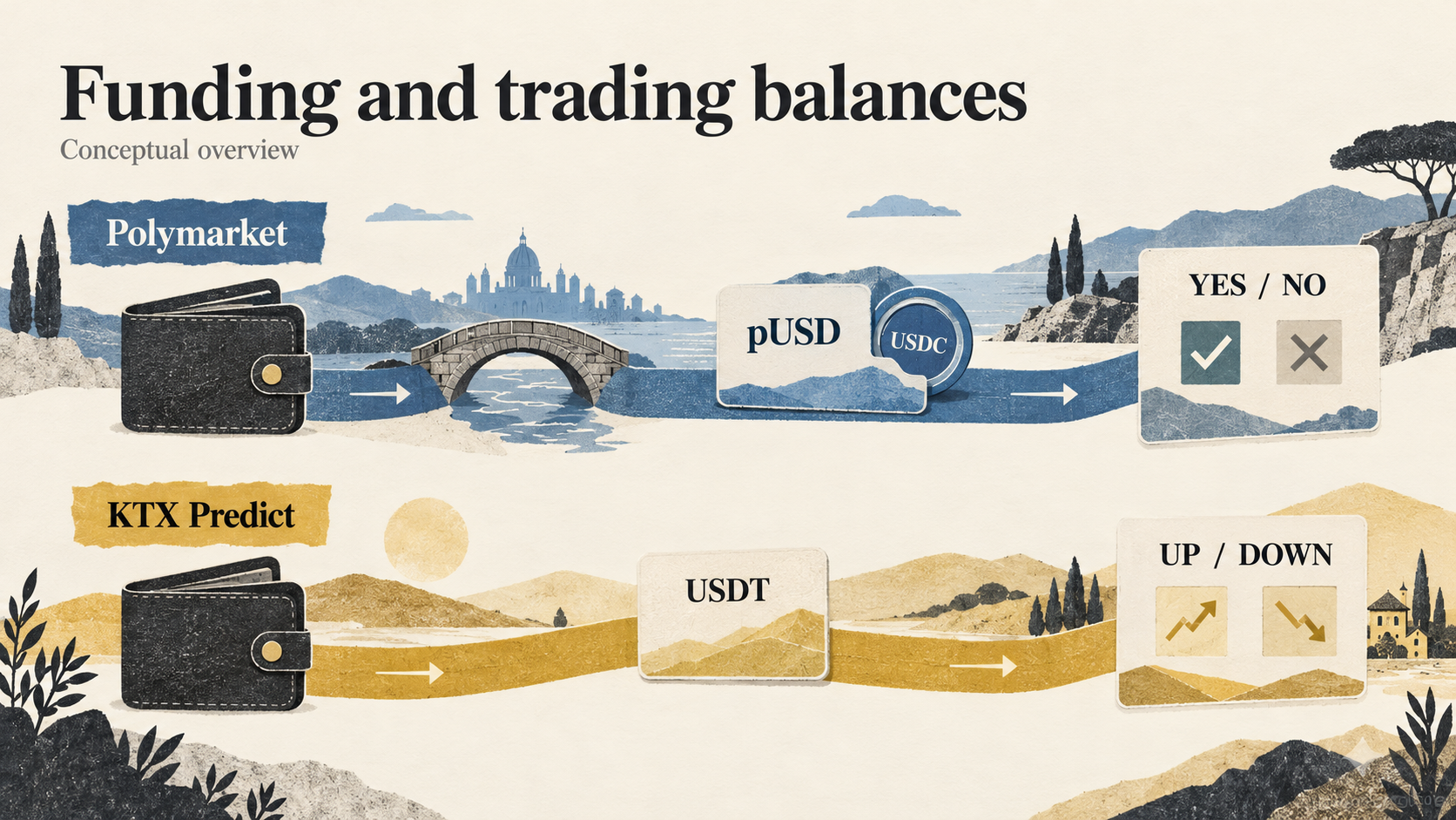 Conceptual comparison of Polymarket pUSD collateral backed by USDC and KTX Predict USDT-denominated positions
