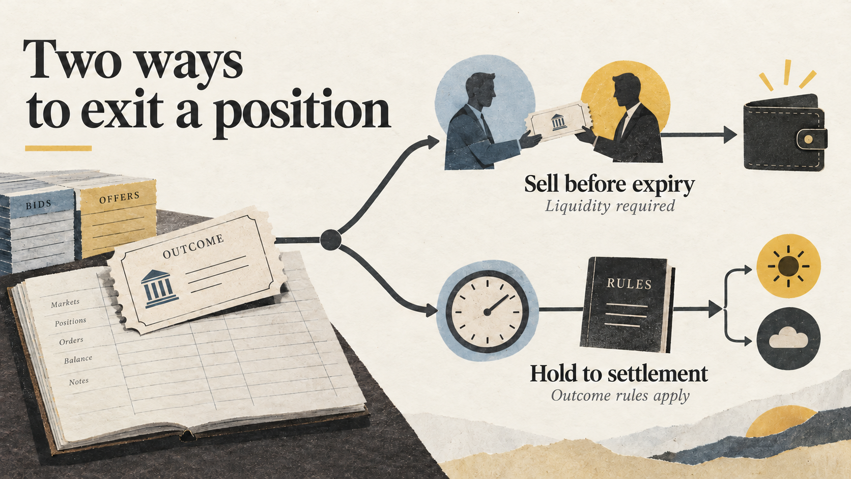 An outcome position branches into an early sale requiring liquidity or holding to settlement under the event rules