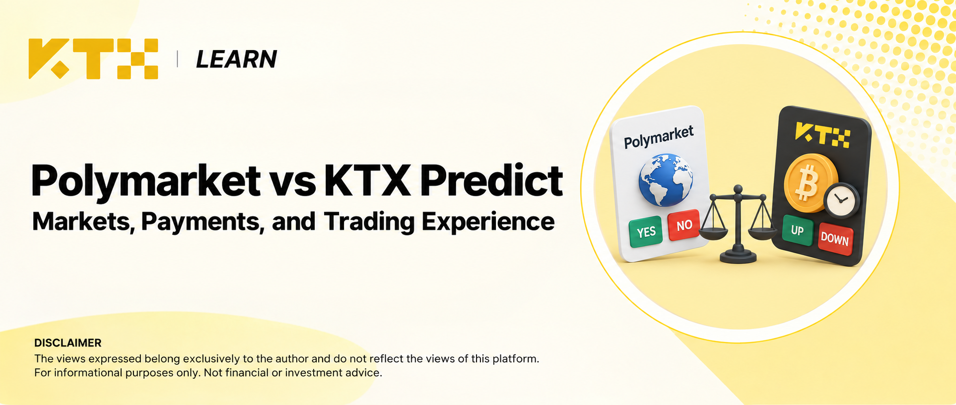 KTX Learn comparison of Polymarket and KTX Predict, with event outcome cards and a balance scale