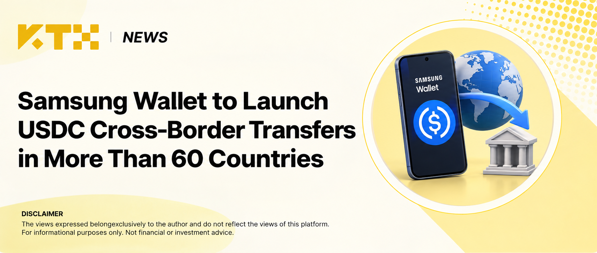KTX News illustration of Samsung Wallet, USDC and cross-border bank transfers